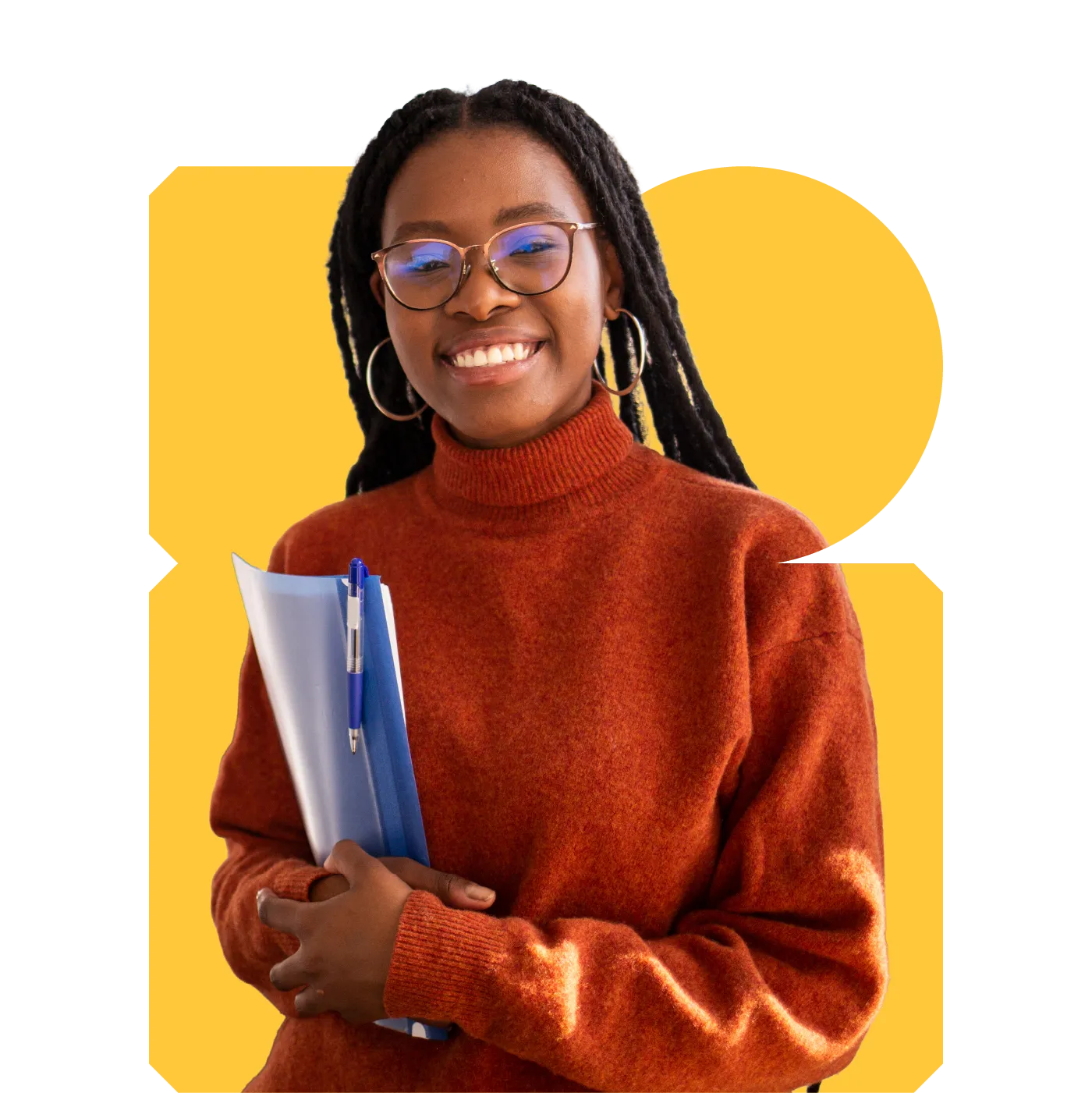 Smiling young woman in rust roll‑neck holding a blue folder and pen against a yellow graphic background