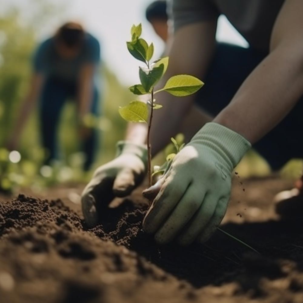 Gloved hands planting a young tree sapling in soil, volunteers blurred in the background